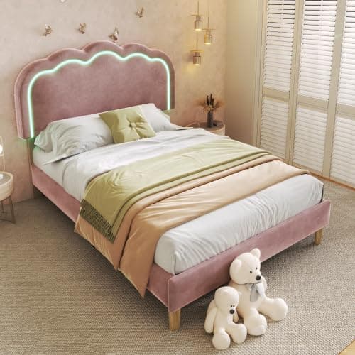 Image of Merax 3ft Single Upholstered Velvet Bed with LED Puff Shaped Adjustable Headboard, Bed Frame with Wooden Slats, Teen Bed for Bedroom & Guest Room, Pink, No Mattress Included