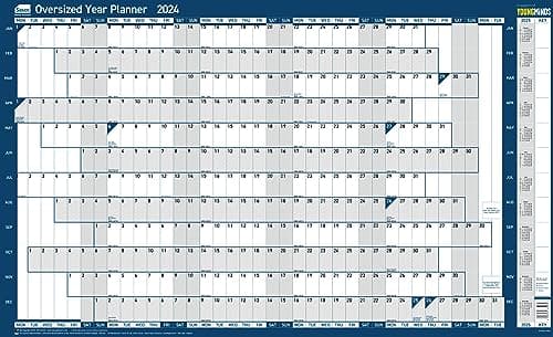 Image of Sasco 2024 Oversized Yearly Wall Planner Set, Large Whiteboard Style Dry Erase Calendar, with Dry Erase Pen & Stickers, Blue, 1100 x 610mm 2410216