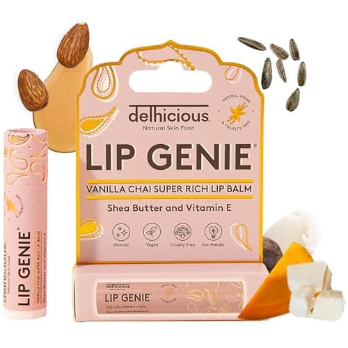 Image of Delhicious Nourishing Lip Balm for Dry Cracked Lips - Shea Butter, Vitamin E, Mango Butter, Castor Seed Oil - Super Rich, Moisturising Lip Repair - 99% Natural, Vegan - Vanilla Chai Flavoured Lip Balm