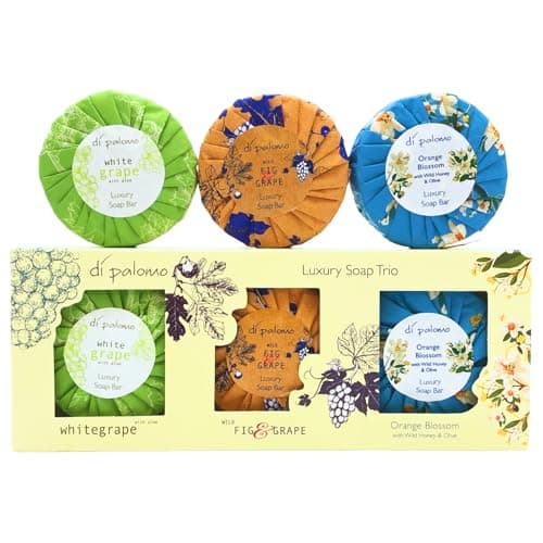 Image of Di Palomo Soap Bar Trio Set 3 x 100g – Luxury Moisturising Hand Soap Collection Wild Fig & Grape Orange Blossom White Grape & Aloe Italian Skincare for Women & Men Gentle Ingredients Great Value Gift