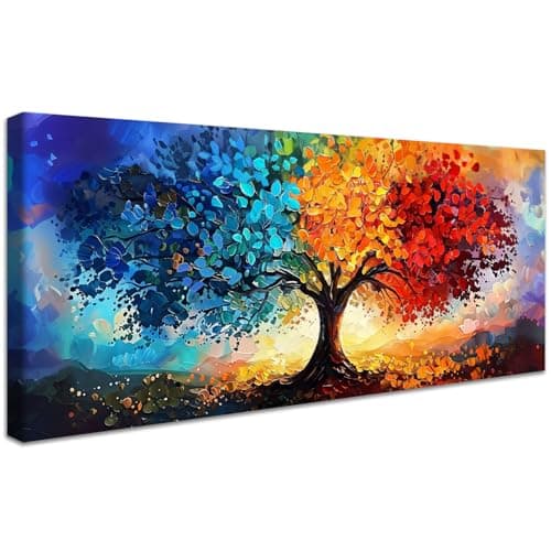 Image of Wooden Framed Large Canvas Wall Art Blue Yellow Red Tree of Life Painting on Canvas Prints Poster Colorful Tree Floral Pictures for Living Room Bedroom Restaurant Home Office Wall Decoration 50x120cm