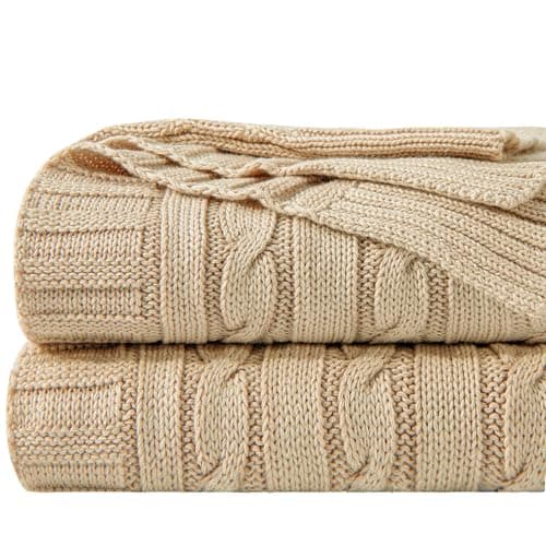 Image of NTBAY 100% Pure Cotton Cable Knit Throw Blanket, Super Soft Warm 130x170 Knitted Throw Blanket for Couch, Sofa, Chair, Bed - Extra Cozy, Machine Washable, Comfortable Home Decor, Khaki, 130x170 cm