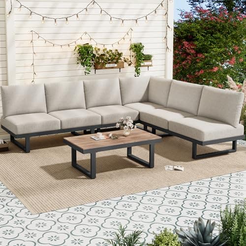 Image of Merax Garden Furniture Sets 5-6 Seater, Outdoor Modular Corner Sofa Modular Set with Glass Tabletop, Patio Conversation Set with Backrest Cushions for Garden Terrace, Grey