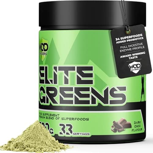Image of Elite Greens Superfood - WOD Powders | 34 Vegan Superfoods and Natural Ingredients, Green and Red Fruits, Berries,Vegetables, Prebiotics & Digestive Enzymes - 500g (Dark Chocolate)