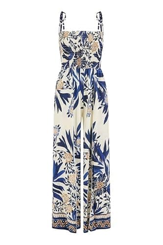 Image of Yumi Navy Palm Print Strappy Viscose Jumpsuit (Navy, 8)