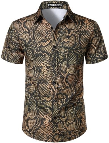 Image of PARKLEES Men's Animal Print Shirt Casual Snake Pattern Short Sleeve Button Down Shirt Brown Black Large