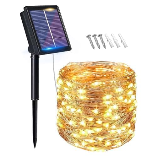 Image of flintronic Solar String Lights Outdoor, Garden Lights (100 LED 8 Modes) 10M/33ft Auto on/Off Copper Wire Lighting, Waterproof Decorated Light for Christmas, Party, Home, Garden (Warm White)…