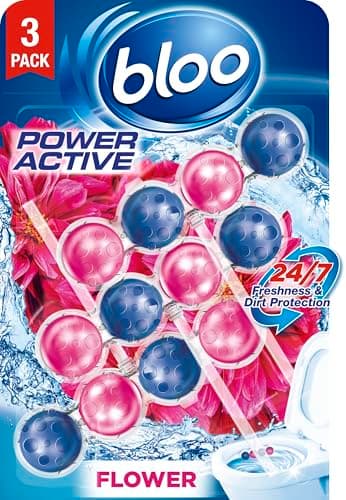Image of Bloo Power Active Toilet Rim Block Fresh Flowers, with Anti-Limescale, Cleaning Foam, Dirt Protection and Extra Freshness - Pack of 3 Rimblocks