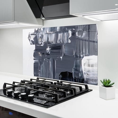 Image of ARTHUB® Glass Kitchen Splashback 50x70 cm, Tempered Glass 4mm | Heat Resistant, Stove Splash Guard, Wall Protector, Abstract, Black Acrylic Painting