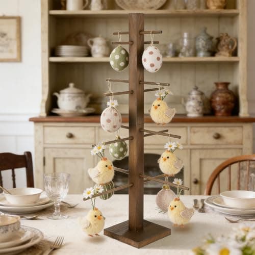 Image of YLOLUL 32 inch Brown Wooden Christmas Tree Ornament Display Stand - Holds 16 Ornaments