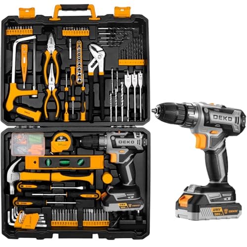 Image of Cordless Drill Tool Kit Set: DEKO 20V Power Drill Tool Box with Battery Electric Drill Driver for Men Home Hand Repair Basic Toolbox Tools Sets Drills Case,186 Pieces