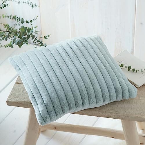 Image of Appletree Mint Green Faux Fur Cushion (43 x 43cm) - Super Soft Fake Rabbit Fur With Filling - Sage Lined Stripe Design