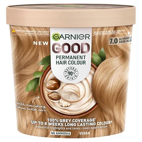 Image of Garnier GOOD Permanent Hair Dye, 7.0 Almond Creme Dark Blond. Ensures 100% grey coverage and 8-week colour. No ammonia, vegan shea butter formula for vibrant results on all hair types.