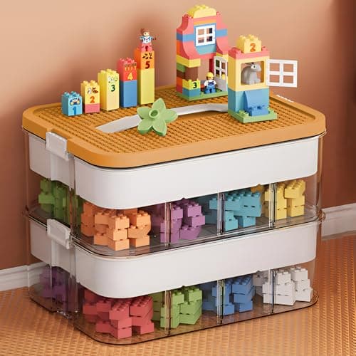 Image of Storage Boxes,Kids Toy Lego Box,Stackable Toys Organizer with Lid,Handle,Plastic Multi Compartment Containers Chest Case for Storing Toys,Jewelry,Beads,Crafts,Tools,Building Blocks (2-Tier Yellow)