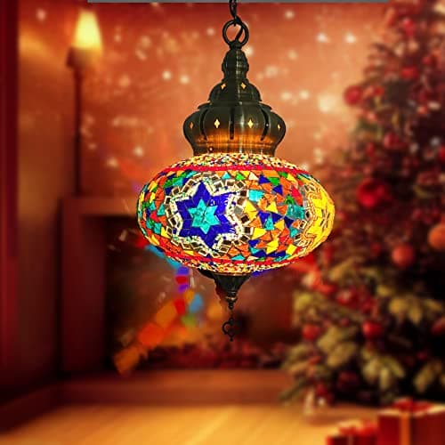Image of Errzom 12 Colors Turkish Moroccan Pendant Hanging Light with 31'' Cord, Tiffany Style Mosaic Hanging Ceiling Lamp, Handmade Mosaic Hanging Light Ceiling Lamp(10" Diameter),color C