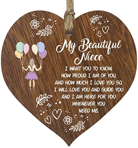 Image of Stuff4 Beautiful Niece Hanging Wooden Heart Sign Plaque Niece Gifts from Auntie Uncle - Dark Wood Hearts Sign, Womens Gifts, Niece Gifts from Aunty, Inspirational Christmas Birthday Present One Size