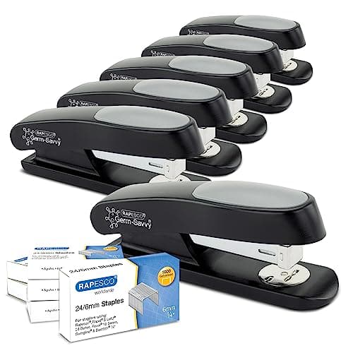 Image of Rapesco 1734 Business: 6 ECO Sting Ray Staplers and 6000 24/6 mm Staples, 20 Sheet Capacity, Antibacterial Protection, Black