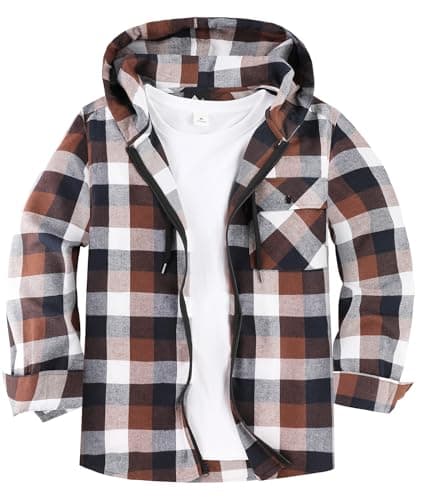 Image of ZITY Mens Hoodies Flannel Shirt Long Sleeve Plaid Shirts Thin Zip Lumberjack Shirt Casual Button Down Checkered Flannel Top with Pocket M-3XL Coffee