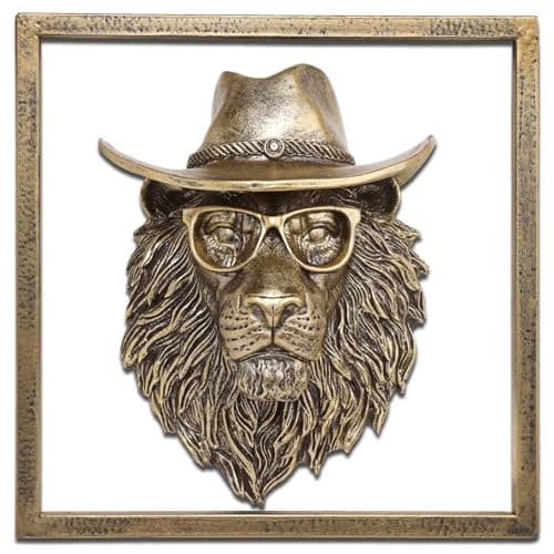 Image of JJALIGHTS Exquisite Resin Animal Head Wall Sculpture (Gift Metal Frame) - Imitation Copper Vintage Decor for Living Room, Bedroom & Office | Decorative Wall Hanging Art (Lion)