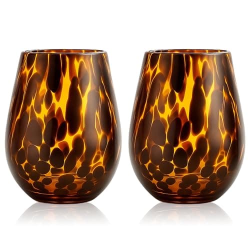 Image of SiliFine Tortoise Shell Colored Stemless Wine Glasses, Hand Blown Colorful Wine Glasses, 19oz Amber Brown Colored Glassware, Ideal Glassware Tumbler for Gin, Tequila, Vodka, Soft Drinks (Set of 2)