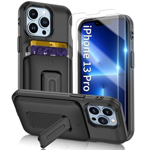 Image of Gritup for iPhone 13 Pro Phone Case with Cards Slot Sliding Cover,Heavy Duty Shockproof Protective [Kickstand] [2X HD Screen Protectors],iPhone 13 Pro-Black