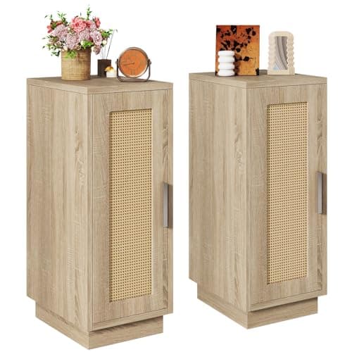 Image of IBUYKE Slim Bedside Table Set of 2, Rattan Nightstand with Cupboard for Small Spaces, Small Narrow Side End Table for Bedroom Living Room, Natural WNS014N-2