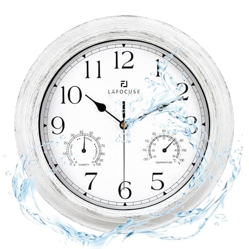 Image of Lafocuse 12 Inch White Outdoor Wall Clock Waterproof Silent with Temperature and Humidity, Outside Clocks with Thermometer for Garden Patio Pool