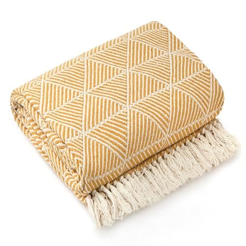 Image of Emma Barclay Throw Blanket For Sofas Bed Extra Large Recycled Cotton Throws For Settees In Ochre Yellow Throw Scandi Woven Blankets - Zahra Collection 50" x 60" (127cm x 152cm) Ochre Yellow