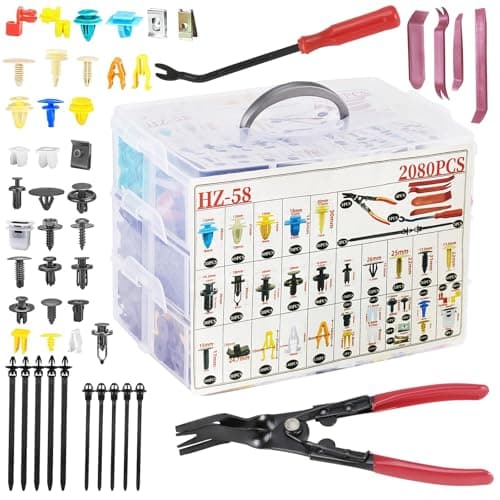 Image of 2080Pcs Car Retainer Clips & Fasteners Kit – 33 Universal Sizes Nylon Bumper, Fender Rivets, Door Panel Clips, and Plastic Rivets with 10 Cable Ties and Removal Tool for Toyota, Ford, Benz (2080pcs)