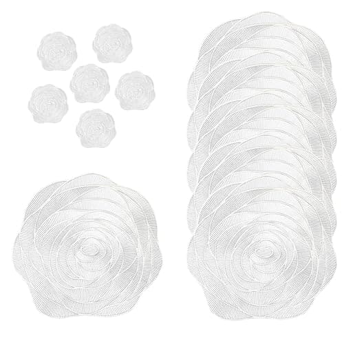 Image of fanquare Rose Placemats and Coaster Sets 6 Silver PVC Woven Placemats Hollow-out Silver Flower Table Mats Heat Resistant Washable Non-Slip Tablemats for Dining Kitchen Table Wedding Decoration 38cm