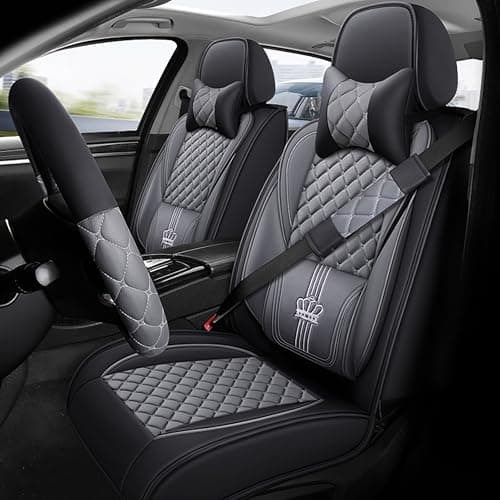 Image of chwigo Seat Covers Full Set, Car Seat Covers for 5 Seats, Waterproof Car Seat Protector, PU Leather Car Seat Cushion, Interior Covers with Steering Wheel Cover, Neck Pillows, Fit for Most Cars (Grey)