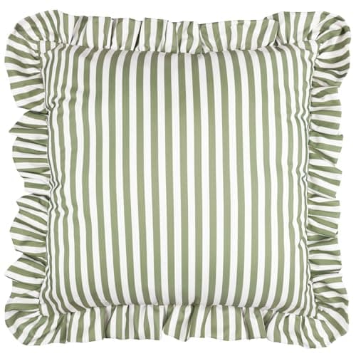 Image of Wylder Millie Ruffle Cushion Cover – Water Resistant Ruffled Edge Heritage Stripe Outdoor Decorative Case (Green - 50x50cm)