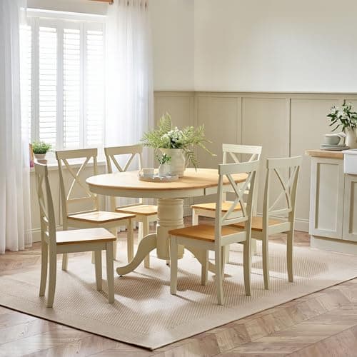 Image of Furniturebox UK Padstow Cream Wooden Extending Dining Table & 6 Millford Chairs – Solid Wood Farmhouse Dining Set – 4 to 6 Seater Extendable Kitchen Dining Furniture