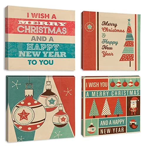 Image of Artscope 4 Pieces Christmas Wall Art Canvas Prints - Merry Christmas Picture Painting - Modern Wall Artwork Framed for Gifts Bathroom Home Kitchen Office Christmas Decor - 30 x 30 CM
