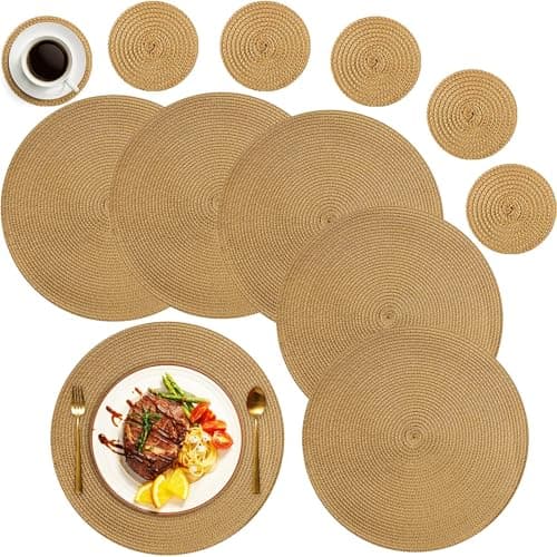 Image of MI CASA Round Placemats and Coasters Set of 6, Round Braided Woven Place Mats Washable Heat Resistant Table Mats for Kitchen Dining Table Home Restaurant, Golden Brown