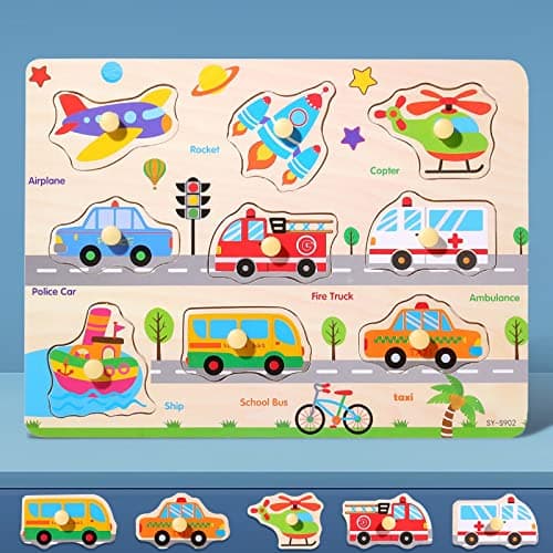 Image of Wooden Jigsaw Puzzles for Kids 3+ Year Olds | Educational Toddler Jigsaws for Girls Boys Gifts (Vehicles)