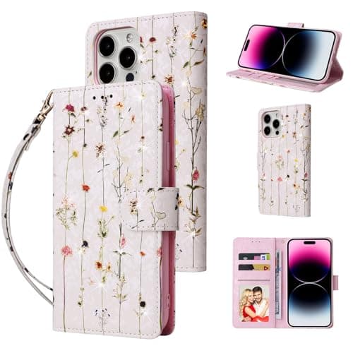 Image of UEEBAI Wallet Case for iPhone 12 Pro Max 6.7 inch, PU Leather Phone Case Kickstand RFID Blocking Flip Case with Card Slots Wrist Strap Relief Engraved Pattern Magnetic Closure Folio Case - Vine
