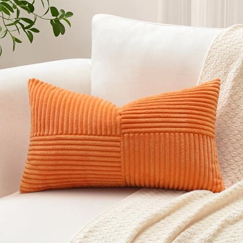 Image of Sungeek Set of 1 Decorative Cushion Cover 30 x 50cm Soft Corduroy Striped Cross Patchwork Textured Pillow Covers Solid Lumbar Throw Pillow Cases for Sofa Bed Patio 12x20 Inch, Orange