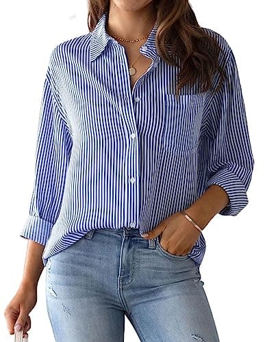 Image of MINTLIMIT Women's Striped Button Down Shirts Long Sleeve Casual Blouse Tops with Pockets for Women 2024 Blue