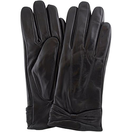 Image of SNUGRUGS Ladies Butter Soft Premium Black Leather Glove with Bow, 3 Point Stitch Design & Warm Fleece Lining - Small (6.5")