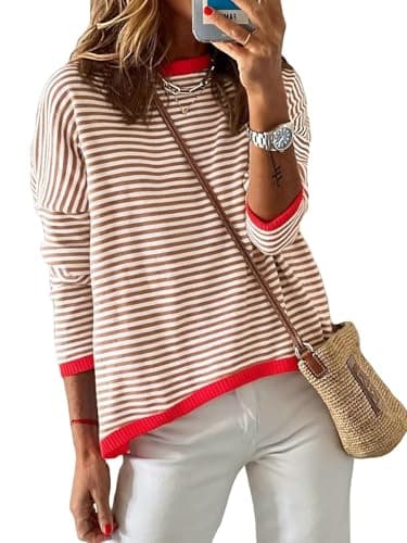 Image of Famulily Women's Crewneck Striped Long Sleeve Jumper Pullover Cute Color Block Sweaters for Ladies (S, Brown)