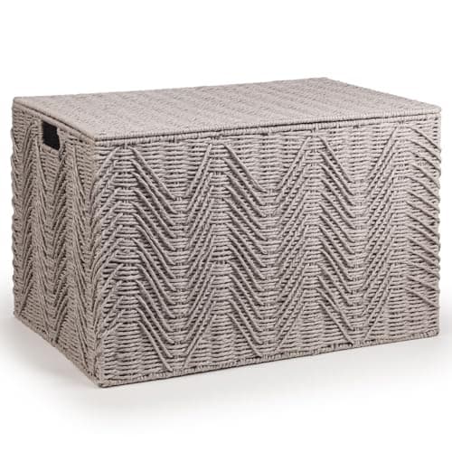 Image of woodluv Storage Basket Trunk Chest, Woven Storage Basket with Lid, Storage organiser, Basket Storage Bedding, Blanket & Toy Box, Large - Grey