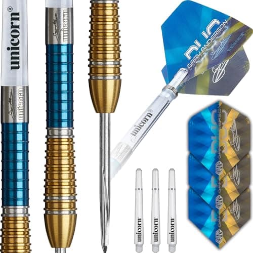 Image of Unicorn Darts Set Duo Phase 6 | Gary 'The Flying Scotsman' Anderson | 90% Tungsten Barrels with Two-Tone Blue & Golden Titanium Coatings | Durable Ultrafly Flights | Steel Tip Volute Points | 22 g