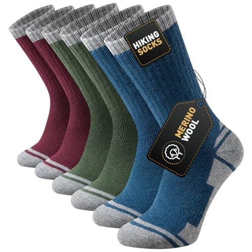 Image of Stoeury Merino Wool Hiking Socks Men Women, Thermal Thick Walking Socks Winter Warm, Anti Blister Cushioned Crew Sports Work Running Sock 3 Pairs, Multicolor 6-8
