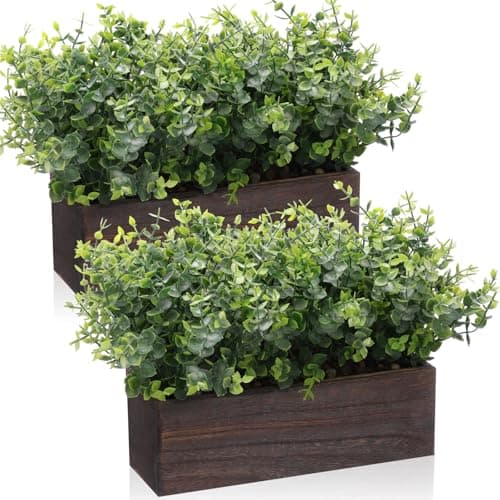 Image of Lyrow 2 Pack Artificial Eucalyptus Plant in Rustic Rectangular Wooden Planter Box Greenery Faux Potted Herb Plant for Indoor Wedding Table Centerpiece Decor (Brown,11.4 x 3.7 x 7.8 Inches)