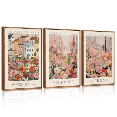 Image of CHDITB 3pcs Vintage Travel City Pink Flower Wall Art,Large Framed Colorful Floral Market Canvas Prints Abstract Wildflower Botanical Landscape Prints for Living Room Bedroom Office(30x40cm)