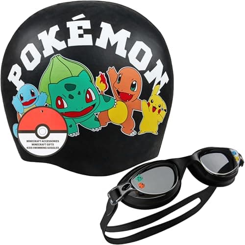 Image of Get Trend Pokemon Swimming Goggles Swimming Cap for Kids Anti Fog UV Protection Adjustable Strap Anime Swim Accessories Set for Pool Beach Holiday (Black Pokemon, 4-12 Years)