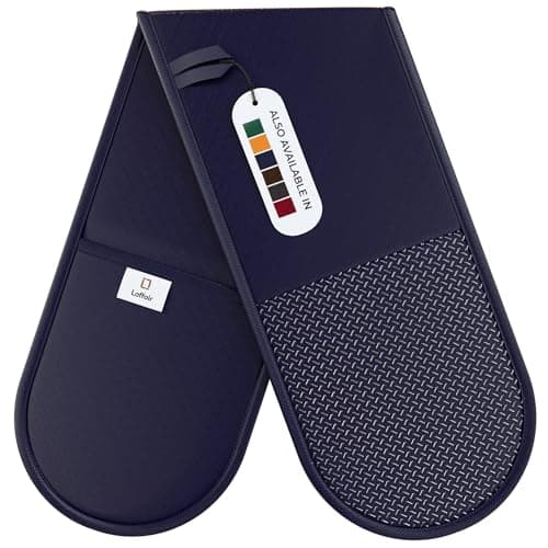 Image of Navy Oven Gloves Double by Laffair® Heat Resistant Oven Gloves Navy Blue Kitchen Accessories - Non-Slip Silicone Grip Oven Mitts