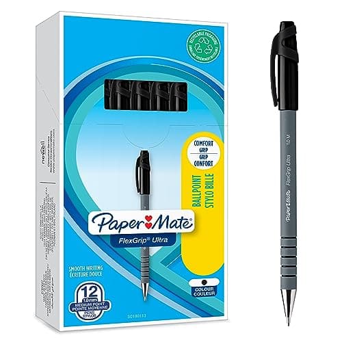 Image of Paper Mate Flexgrip Ultra Ballpoint Pens | Medium Point (1.0mm) | Handwriting Pens & Stationery Supplies | Black Pen Set | 12 Count