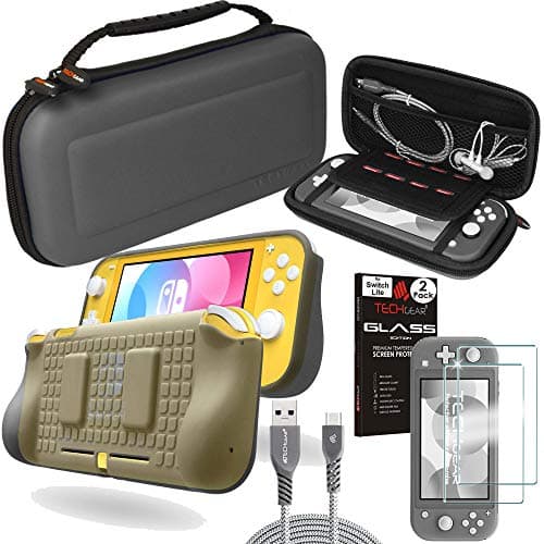 Image of TECHGEAR Switch Lite Accessory Bundle - Case and Screen Protector for Nintendo Switch Lite, Hard Protective Carry Travel & Storage Case Cover, Ergo Grip Case, 2x Tempered Glass & 2m USB Cable [GREY]